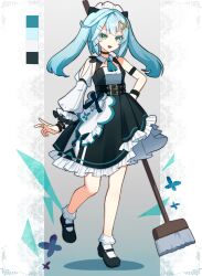 Rule 34 | 1girl, :d, alternate costume, aqua ascot, belt, black dress, black footwear, blue hair, bobby socks, broom, choker, color guide, commentary request, dress, enmaided, faruzan (genshin impact), frilled skirt, frilled sleeves, frills, full body, genshin impact, green eyes, hair ornament, hairclip, highres, holding, holding broom, jewelry, long hair, long sleeves, looking at viewer, maid, maid headdress, mary janes, open mouth, ring, shoes, single sleeve, skirt, smile, socks, solo, twintails, utori (tanakautori), white sleeves, white socks, wristband, x hair ornament