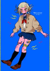 Rule 34 | 1girl, anna (aannnaa3), artist name, bandaid, bandaid on cheek, bandaid on face, bandaid on leg, bandaid on thigh, black socks, blonde hair, blue background, blue sailor collar, blue skirt, blunt bangs, blush, boku no hero academia, brown cardigan, brown footwear, cardigan, character name, closed mouth, commentary request, double bun, frown, full body, hair bun, hair ornament, hairclip, heart, highres, kneehighs, loafers, long sleeves, messy hair, partially unbuttoned, pleated skirt, sailor collar, school uniform, serafuku, shirt, shoes, short hair, sidelocks, simple background, skirt, socks, solo, star (symbol), star hair ornament, sticker on face, sticker on leg, toga himiko, white shirt, yellow eyes
