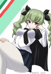 Rule 34 | 10s, 1girl, anchovy (girls und panzer), breasts, cape, crossed legs, drill hair, futaba yodomu, girls und panzer, green hair, hair ribbon, long hair, looking at viewer, miniskirt, necktie, pantyhose, red eyes, ribbon, school uniform, skirt, smile, solo, twin drills, twintails, white pantyhose