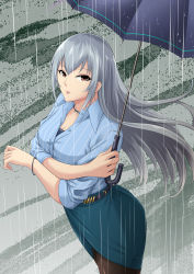 Rule 34 | 1girl, absurdres, blue shirt, bracelet, breasts, brown eyes, cleavage, commentary request, cross arms, dress shirt, grey hair, highres, idolmaster, idolmaster cinderella girls, jewelry, long hair, looking at viewer, medium breasts, rain, shirt, skirt, solo, standing, striped clothes, striped shirt, takamine noa, umbrella, yuhata yatsuka
