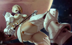 Rule 34 | 1girl, armor, armpits, ass, blonde hair, boots, breasts, breasts out, brown eyes, cleft of venus, colored sclera, colored skin, destiny (game), dominatrix, from below, garter straps, gauntlets, ghaul, greaves, holding, holding whip, leg up, mask, midriff, nipples, pussy, red sclera, short hair, solo, themaestronoob, thigh boots, thighhighs, thighs, traveler (destiny)