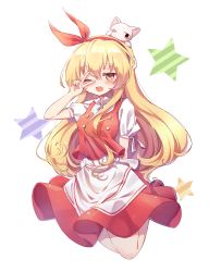 Rule 34 | 1girl, ;d, animal, animal on head, apron, arm behind back, arm up, bad id, bad pixiv id, blonde hair, blush, brown footwear, cat, cat on head, commentary request, ellen (touhou), hair between eyes, hair ribbon, heart, heart-shaped pupils, highres, long hair, looking at viewer, on head, one eye closed, open mouth, pudding (skymint 028), puffy short sleeves, puffy sleeves, red skirt, red vest, ribbon, shirt, short sleeves, simple background, skirt, smile, sokrates (touhou), solo, star (symbol), symbol-shaped pupils, touhou, touhou (pc-98), v over eye, very long hair, vest, waist apron, white background, white shirt