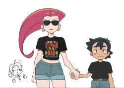 Rule 34 | 1boy, 2girls, ^ ^, ^o^, age difference, ahoge, alternate universe, antenna hair, ash ketchum, black hair, black shirt, breasts, brown eyes, chibi, chibi inset, closed eyes, contrapposto, cowboy shot, creatures (company), delia ketchum, denim, denim shorts, dot nose, earrings, game freak, hair slicked back, height difference, highres, holding hands, jessie (pokemon), jewelry, jitome, kiana mai, large breasts, long hair, looking at viewer, midriff, mother and son, multiple girls, navel, nintendo, no headwear, pokemon, pokemon (anime), pokemon (classic anime), red hair, shirt, shorts, simple background, standing, sunglasses, sweat, t-shirt, thumbs up, v-shaped eyebrows, white background