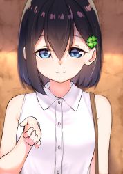 Rule 34 | 1girl, bag, bare arms, bare shoulders, black hair, blue eyes, breasts, closed mouth, clover, collared shirt, commentary request, dress shirt, fingernails, four-leaf clover, hair between eyes, hand up, highres, original, shirt, shoulder bag, sleeveless, sleeveless shirt, small breasts, smile, solo, suzunari shizuku, upper body, watch, white shirt, wristwatch, yuki arare