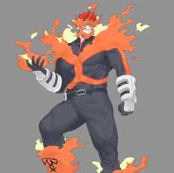 Rule 34 | 1boy, abs, bara, beard, blue eyes, bodysuit, boku no hero academia, bulge, deavor lover, endeavor (boku no hero academia), facial hair, fire, highres, large pectorals, male focus, manly, muscular, pectorals, red hair, scar, skin tight, solo, spiked hair, thick thighs, thighs, tight clothes, upper body