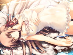 Rule 34 | 1girl, brown hair, casual one-piece swimsuit, closed eyes, frills, game cg, highres, kiss to lord to darjeeling, lens flare, long hair, lying, nanase yuuna, on back, one-piece swimsuit, ribbon, see-through, sleeping, solo, swimsuit, takanae kyourin, wet