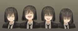 Rule 34 | 1girl, :d, absurdres, black jacket, black neckwear, bob cut, brown background, brown hair, closed eyes, collared shirt, commentary request, cropped shoulders, crying, face, facing viewer, formal, grin, highres, jacket, multiple views, necktie, open mouth, original, sad smile, shirt, short hair, simple background, smile, tears, yoon cook