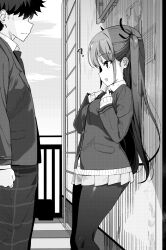 Rule 34 | 1boy, 1girl, ?, blazer, greyscale, hetero, highres, jacket, long hair, looking at another, miniskirt, monochrome, on roof, open mouth, original, outdoors, pantyhose, profile, school uniform, skirt, smile, takakura, two side up