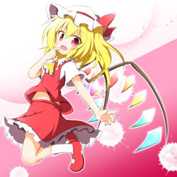 Rule 34 | 1girl, :d, blush, ascot, fang, finger to mouth, flandre scarlet, hat, jumping, looking at viewer, mary janes, midriff, mob cap, navel, no nose, open mouth, pink background, red eyes, red footwear, senba chidori, shoes, short hair, skirt, skirt set, smile, solo, splatter, touhou, vest, wings