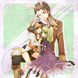 Rule 34 | 1boy, 2girls, ;d, alvin (tales), animal ears, bike shorts, black gloves, blonde hair, boots, bow, brown eyes, brown hair, rabbit ears, coat, copyright name, cropped jacket, dress, elize lutus, flower, frills, gloves, green eyes, hair flower, hair ornament, hair ribbon, hairband, hand on own hip, height difference, knee boots, leia rolando, multiple girls, one eye closed, open mouth, pants, pokopoko pon, ribbon, short hair, sitting, sitting on lap, sitting on person, size difference, smile, tales of (series), tales of xillia, wink