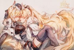 Rule 34 | 2girls, animal ears, arknights, artist name, aunt and niece, black bow, black headwear, black legwear, black ribbon, blemishine (arknights), blonde hair, blush, bow, chinese commentary, commentary request, closed eyes, face-to-face, facing another, hair bow, hair ribbon, hat, highres, horse ears, horse girl, horse tail, incest, long hair, long sleeves, moyu marginal, multiple girls, painting (medium), ponytail, ribbon, tail, thighhighs, traditional media, very long hair, watercolor (medium), whislash (arknights), yuri