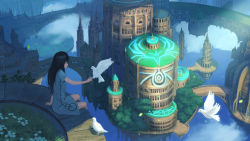 Rule 34 | 1girl, animal, arm support, bird, bird request, black hair, blue eyes, bride, building, closed mouth, cloud, commentary request, dress, floating city, floating island, flower, highres, light smile, original, petals, profile, scenery, short sleeves, sitting, solo, tower, tree, wasabi60, white dress, white flower