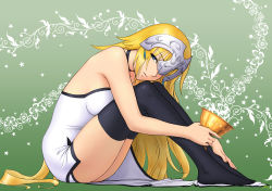 Rule 34 | 1girl, ass, bare shoulders, black thighhighs, blonde hair, blue eyes, chalice, cup, darkmuleth, fate/grand order, fate (series), from side, full body, highres, holy grail (fate), jeanne d&#039;arc (fate), jeanne d&#039;arc (ruler) (fate), long hair, looking at viewer, sitting, solo, thighhighs, very long hair