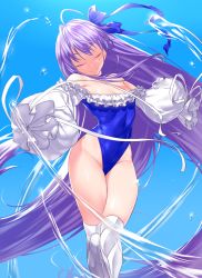Rule 34 | 1girl, armor, bare shoulders, blue background, blue one-piece swimsuit, blue ribbon, blush, breasts, closed mouth, covered navel, fate/grand order, fate (series), frills, greaves, hair between eyes, highleg, highleg swimsuit, highres, long hair, long sleeves, meltryllis, meltryllis (fate), meltryllis (swimsuit lancer) (fate), meltryllis (swimsuit lancer) (second ascension) (fate), one-piece swimsuit, onsoku inu, puffy sleeves, purple hair, ribbon, small breasts, solo, swimsuit, thighs