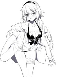 Rule 34 | 1girl, :d, bare shoulders, bikini, blush, bow, bow bikini, braid, breasts, carrying, carrying under arm, cleavage, collarbone, commentary request, fate/grand order, fate (series), greyscale, hair between eyes, hairband, head tilt, innertube, jacket, jeanne d&#039;arc (fate), jeanne d&#039;arc (ruler) (fate), jeanne d&#039;arc (swimsuit archer) (fate), jeanne d&#039;arc (swimsuit archer) (first ascension) (fate), large breasts, leaning forward, long hair, long sleeves, looking at viewer, monochrome, off shoulder, open clothes, open jacket, open mouth, ririko (zhuoyandesailaer), simple background, single braid, sleeves past wrists, smile, solo, swim ring, swimsuit, very long hair, white background