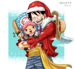 Rule 34 | 2boys, antlers, black hair, blue shorts, candy, carrying, commentary, cowboy shot, food, frilled shirt, frills, gift, hat, highres, horns, living (pixiv5031111), looking at viewer, male focus, merry christmas, monkey d. luffy, multiple boys, one piece, red shirt, reindeer antlers, santa hat, sash, scar, scar on face, scarf, shirt, short hair, shorts, smile, smoke, snow, straw hat, tony tony chopper, twitter username, yellow sash