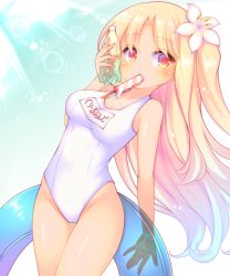 Rule 34 | 1girl, azur lane, blonde hair, blue hair, blue innertube, blush, bottle, breasts, cleveland (azur lane), collarbone, covered navel, flower, food, food in mouth, gradient hair, groin, hair flower, hair ornament, highleg, highleg swimsuit, holding, holding bottle, holding swim ring, innertube, long hair, looking at viewer, medium breasts, mouth hold, multicolored hair, name tag, new school swimsuit, one-piece swimsuit, one side up, parted bangs, popsicle, red eyes, sakurato ototo shizuku, school swimsuit, solo, swim ring, swimsuit, tan, transparent, very long hair, water bottle, wet, white flower, white one-piece swimsuit, white school swimsuit