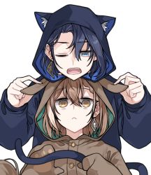 Rule 34 | 2girls, animal ears, blue eyes, blue hair, braid, brown hair, cat ears, cat tail, clipe, dog, earrings, fangs, hololive, hololive english, jewelry, medium hair, multiple girls, nanashi mumei, one eye closed, open mouth, ouro kronii, pajamas, single braid, tail, upper body, virtual youtuber