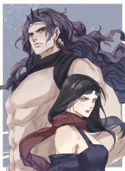 Rule 34 | 1boy, 1girl, abs, bare shoulders, battle tendency, black hair, blue eyes, breasts, closed mouth, commentary, dress, earrings, english commentary, eyewear on head, height difference, horns, jewelry, jojo no kimyou na bouken, kars (jojo), large breasts, lisa lisa, long hair, looking at viewer, manly, mature female, muscular, muscular male, pectorals, purple dress, purple hair, red eyes, red lips, red scarf, scarf, sunglasses, very long hair, wavy hair, yepnean
