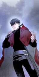Rule 34 | 1boy, black eyes, black hair, black pants, black shirt, cape, hand up, highres, kim yuwon, level up with the gods, long sleeves, open mouth, pants, pennant, red cape, shirt, short hair, sky, solo