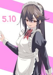 Rule 34 | 001machi, 1girl, absurdres, alternate costume, apron, black dress, black hair, bow, cowboy shot, dated, dress, enmaided, frilled apron, frills, hair ornament, hairclip, haruna (kancolle), highres, kantai collection, long hair, maid, maid headdress, red bow, red eyes, solo, two-tone background, white apron