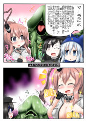 Rule 34 | +++, 2koma, 3girls, ^^^, adjusting clothes, aftersex, akitsu maru (kancolle), blue eyes, breast pocket, comic, commentary, dress, fingerless gloves, gloom (expression), gloves, grey dress, grey eyes, hand on own face, hands on own chest, hibiki (kancolle), instant loss, kantai collection, looking to the side, mara (megami tensei), megami tensei, multiple girls, one eye closed, ouno (nounai disintegration), pocket, saratoga (kancolle), shaded face, shin megami tensei, shin megami tensei iii: nocturne, silver hair, single glove, smokestack hair ornament, sparkle, speech bubble, suggestive fluid, tongue, tongue out, trembling