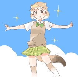 Rule 34 | 10s, 1girl, :&gt;, adapted costume, animal ears, beige legwear, black-tailed prairie dog (kemono friends), blue sky, blush stickers, bow, bowtie, brown thighhighs, closed mouth, cloud, collared shirt, extra ears, feet out of frame, gradient legwear, green bow, green bowtie, green skirt, hasu (zatsugami), highres, kemono friends, light brown hair, looking at viewer, multicolored clothes, multicolored hair, multicolored legwear, no nose, outdoors, outstretched arms, plaid, plaid skirt, pleated skirt, shirt, short hair, short sleeves, skirt, sky, smile, solo, sparkle, spread arms, sweater vest, tail, tareme, thighhighs, two-tone hair, white hair, white shirt, white thighhighs, zettai ryouiki