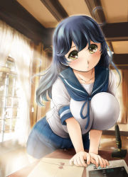Rule 34 | 10s, 1girl, blue hair, blush, breasts, brown eyes, covered navel, crotch rub, deep skin, desk, female masturbation, huge breasts, impossible clothes, kantai collection, kantori, long hair, looking at viewer, masturbation, parted lips, pen, pussy juice, pussy juice drip through clothes, school uniform, serafuku, skirt, solo, sunlight, table humping, ushio (kancolle)