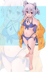 Rule 34 | 1girl, ahoge, akagashi hagane, alternate hairstyle, animal ears, bare legs, bare shoulders, barefoot, bikini, blue background, blue bikini, blush, braid, breasts, commentary request, criss-cross halter, diagonal stripes, drawstring, french braid, front-tie bikini top, front-tie top, full body, grey hair, hair between eyes, half updo, halterneck, highleg, highleg bikini, hood, hooded jacket, jacket, jewelry, long sleeves, looking at viewer, mouse ears, mouse tail, navel, nazrin, off shoulder, open clothes, open jacket, open mouth, orange jacket, pendant, red eyes, short hair, side-tie bikini bottom, sidelocks, small breasts, smile, solo, standing, stomach, striped, striped background, sweat, swimsuit, tail, thighs, touhou, two-tone background, white background, zoom layer