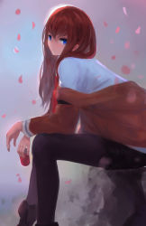 Rule 34 | 1girl, absurdres, ankle boots, black footwear, black shorts, blue eyes, boots, brown jacket, brown pantyhose, can, dr pepper, drink can, from side, full body, hair between eyes, highres, holding, jacket, kisei2, long hair, long sleeves, looking at viewer, makise kurisu, necktie, off shoulder, open clothes, open jacket, open mouth, pantyhose, petals, red hair, red necktie, shirt, shorts, sitting, soda can, solo, steins;gate, white shirt
