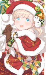 Rule 34 | 1girl, alternate costume, blonde hair, blue eyes, blunt bangs, brown gloves, capelet, christmas, fur-trimmed capelet, fur-trimmed headwear, fur trim, gift, gloves, hat, hayashi naoharu, highres, holding, holding sack, kantai collection, long hair, open mouth, red capelet, red hat, round teeth, sack, santa costume, santa hat, shin&#039;you (kancolle), side ponytail, solo, teeth, textless version, upper teeth only