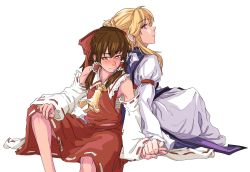 Rule 34 | 2girls, ascot, blonde hair, blush, bow, bright pupils, closed mouth, commentary, detached sleeves, dress, english commentary, feet out of frame, frilled hair tubes, frilled shirt collar, frills, grunt (tnurg), hair bow, hair tubes, hakurei reimu, highres, holding hands, long hair, looking to the side, multiple girls, pink eyes, purple tabard, red bow, red shirt, red skirt, ribbon-trimmed sleeves, ribbon trim, sarashi, shirt, simple background, skirt, skirt set, sleeveless, sleeveless shirt, smile, tabard, torn clothes, torn shirt, torn skirt, torn sleeves, touhou, white background, white dress, white pupils, white sleeves, yakumo yukari, yellow ascot, yuri