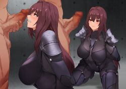 Rule 34 | 1boy, 1girl, aji (sakanaaj1), armor, arms behind back, blush, bodysuit, breasts, censored, clenched teeth, closed mouth, commentary request, covered navel, erection, fate/grand order, fate (series), hair between eyes, hair intakes, imminent fellatio, kneeling, large breasts, large penis, long hair, looking at another, mosaic censoring, nude, out of frame, pauldrons, penis, purple bodysuit, purple hair, red eyes, scathach (fate), shoulder armor, standing, teeth, testicles
