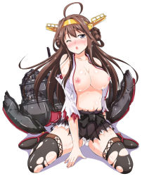 Rule 34 | 10s, 1girl, ;o, ahoge, bare shoulders, black thighhighs, blush, boots, breasts, brown eyes, brown hair, chestnut mouth, detached sleeves, double bun, hair bun, hair ornament, hairband, headgear, japanese clothes, kantai collection, kongou (kancolle), long hair, mecha musume, nipples, nontraditional miko, one eye closed, open clothes, open mouth, simple background, sitting, skirt, solo, tears, thigh boots, thighhighs, tomokichi, torn clothes, torn thighhighs, wariza, white background, wink