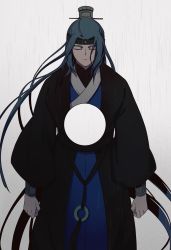 Rule 34 | 1boy, absurdres, arms at sides, black hair, blue robe, circle, closed eyes, expressionless, fermium.ice, highres, lanxi zhen, long hair, long sleeves, luo xiaohei zhanji, male focus, robe, solo, upper body, very long hair, white background, wuxian (the legend of luoxiaohei)