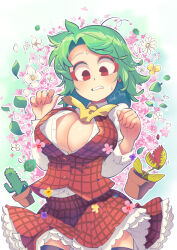 Rule 34 | 1girl, breasts, bursting breasts, carte, contrapposto, daisy, dress, floral background, flower, frilled skirt, frills, green hair, highres, kazami yuuka, large breasts, looking down, petals, plaid, plaid dress, plaid skirt, plaid vest, popped button, red eyes, shirt, short hair, skirt, solo, teeth, thighhighs, touhou, vest, white flower