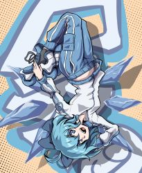 Rule 34 | :d, absurdres, alternate costume, blue bow, blue eyes, blue hair, blue pants, bow, circled 9, cirno, cirno day, commentary, english commentary, full body, graffiti, hair bow, highres, ice, ice wings, jacket, jet set radio, long sleeves, looking at viewer, open mouth, pants, pocket, polka dot, polka dot background, roller skates, shaft (shaf it), short hair, skates, smile, touhou, upside-down, white jacket, wings
