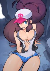 Rule 34 | 1girl, bare legs, bare shoulders, baseball cap, black vest, blue eyes, bra, breasts, brown hair, cleavage, clothes pull, creatures (company), cutoffs, denim, denim shorts, exposed pocket, game freak, hat, high ponytail, highres, hilda (pokemon), large breasts, long hair, looking at viewer, nac000, nintendo, open mouth, pokemon, pokemon bw, shirt, shirt pull, short shorts, shorts, sitting, sleeveless, sleeveless shirt, solo, tank top, underwear, vest, white shirt, wristband