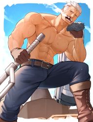 Rule 34 | 1boy, abs, bara, black pants, boots, brown gloves, cigar, coat, gloves, hidora art, highres, holding, holding clothes, holding coat, holding weapon, large pectorals, male focus, muscular, muscular male, navel, nipples, one piece, pants, pectorals, short hair, smoker (one piece), smoking, solo, topless male, weapon, white hair