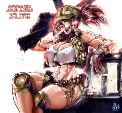 Rule 34 | 1girl, abs, ammunition box, assault rifle, backlighting, baseball cap, biceps, black gloves, blood, blood on face, breasts, brown hair, cleavage, covered erect nipples, crop top, crop top overhang, crossed legs, fio germi, freckles, glasses, gloves, green eyes, green shorts, grey-framed eyewear, gun, hat, highres, hip vent, holding, holding gun, holding weapon, knee pads, large breasts, looking at viewer, medium hair, metal slug, midriff, muscular, muscular female, narrow waist, navel, open clothes, open vest, rifle, shorts, solo, the golden smurf, thick thighs, thighs, veins, vest, weapon