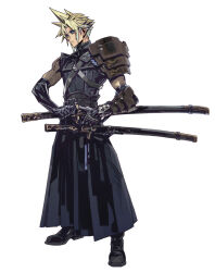 1boy arm_armor armor black_footwear black_gloves black_hakama black_shirt blonde_hair blue_eyes boots cloud_strife earrings elbow_gloves final_fantasy final_fantasy_vii final_fantasy_vii_ever_crisis fujise_lisa full_body gloves hakama hakama_pants highres holding holding_sword holding_weapon japanese_armor japanese_clothes jewelry katana looking_to_the_side male_focus official_alternate_costume official_art pants scabbard serious sheath shirt short_hair shoulder_armor shoulder_strap single_sode sleeveless sleeveless_shirt sode solo spiked_hair standing stud_earrings sword turtleneck turtleneck_shirt weapon