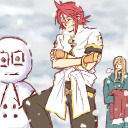 Rule 34 | 00s, blush, breath, cold, jade curtiss, lowres, luke fon fabre, red hair, snow, snowman, tagme, tales of (series), tales of the abyss, winter