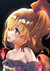 Rule 34 | 1girl, absurdres, bare shoulders, black background, blonde hair, blood, blood from mouth, blood on face, bow, breasts, collarbone, commentary request, crying, crystal, dfra, dress, eyes visible through hair, fang, flandre scarlet, frills, hair between eyes, hair ribbon, highres, jewelry, light, looking to the side, looking up, medium breasts, multicolored wings, no headwear, off-shoulder dress, off shoulder, one side up, open mouth, purple dress, red eyes, red ribbon, ribbon, shadow, short hair, short sleeves, simple background, solo, tearing up, tears, touhou, upper body, wings, yellow bow