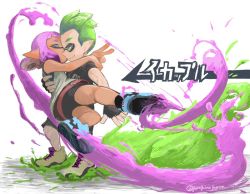 Rule 34 | 1boy, 1girl, arrow (symbol), bare arms, bare legs, bare shoulders, bike shorts, black gloves, blunt bangs, camisole, catching, closed mouth, couple, fingerless gloves, full body, gloves, green eyes, green hair, gurochii, hair slicked back, hand on another&#039;s back, hand on another&#039;s shoulder, hug, inkling, inkling boy, inkling girl, inkling player character, jumping, kissing cheek, looking afar, nintendo, paint, pointy ears, purple hair, shirt, shoe soles, shoes, short hair, short sleeves, shorts, simple background, smile, smirk, sneakers, splatoon (series), splatoon 2, standing, suction cups, tan, tentacle hair, twitter username, v, white background