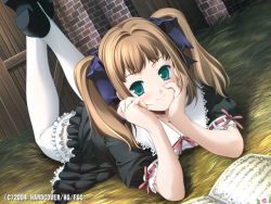 Rule 34 | 1girl, aqua eyes, blush, book, brick wall, brown hair, dress, dutch angle, frilled thighhighs, frills, game cg, l&#039;heure bleue, lise (l&#039;heure bleue), lying, mizutani tooru, on stomach, smile, solo, straw (stalk), thighhighs, twintails, watermark, white thighhighs