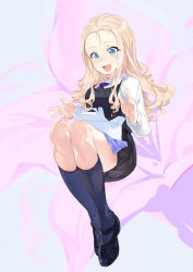 Rule 34 | 10s, 1girl, aqua eyes, black dress, black footwear, black socks, blonde hair, blue necktie, blush, box, character request, collared shirt, dress, drill hair, floral background, forehead, full body, geregere (lantern), girls und panzer, highres, invisible chair, kneehighs, legs together, long hair, long sleeves, mary janes, necktie, pinafore dress, shirt, shoes, sitting, sleeveless, sleeveless dress, socks, solo, striped necktie, striped neckwear, tareme, white shirt