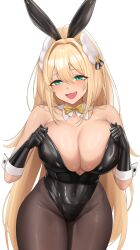 Rule 34 | 1girl, absurdres, animal ears, bare shoulders, black leotard, blonde hair, blush, breasts, cleavage, commentary request, fake animal ears, goddess of victory: nikke, green eyes, highres, kurone rinka, large breasts, leotard, long hair, looking at viewer, open mouth, playboy bunny, rabbit ears, rupee (nikke), smile, solo, tagme