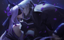 Rule 34 | 1boy, 1girl, absurdres, artist name, black gloves, blindfold, detached sleeves, facing another, gloves, grey eyes, hetero, highres, league of legends, long hair, long sleeves, looking at another, petals, piscina, syndra, white hair, withered rose syndra, zed (league of legends)