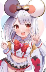 Rule 34 | 1girl, @ @, animal ears, artist logo, blush, bow, bowtie, brooch, center frills, collared shirt, cowboy shot, crop top, fake animal ears, frills, granblue fantasy, hair ornament, hairclip, hand up, heart, heart brooch, jewelry, long sleeves, looking at viewer, medium hair, midriff, miniskirt, mouse ears, navel, omuretsu, open mouth, pleated skirt, red bow, red eyes, shirt, skirt, solo, sweat, v, vikala (granblue fantasy), white background, white shirt, white skirt