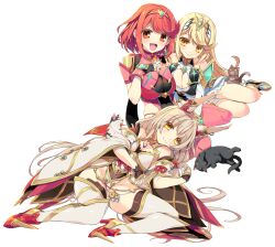 blonde_hair breasts cat cat_girl highres large_breasts mythra_(xenoblade) nia_(blade)_(xenoblade) nia_(xenoblade) pyra_(xenoblade) red_eyes red_hair simple_background watsuki_ayamo white_background xenoblade_chronicles_(series) xenoblade_chronicles_2